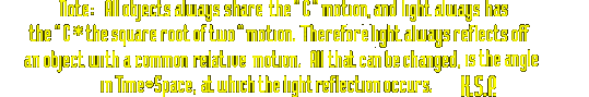  Note: all objects always share the " C " motion, and light always has the " C times the square root of two " motion. Therefore light always reflects off an object with a common relative motion.      All that can be changed is the angle in Time-Space at which light reflection occurs.